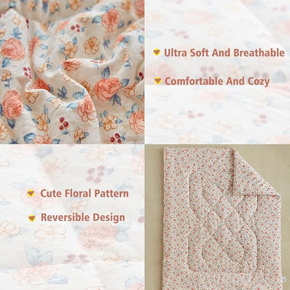 DuShow Toddler Bedding Set for Girls,4 Pieces Floral Toddler Girl Comforter Set,Super Soft Reversible Toddler Sheet Set,Lightweight Crib Bed Set -Pink