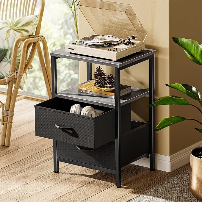 Huuger Night Stand with 2 Drawers, Bedside Table with Open Shelf | Wooden Top - Image 2