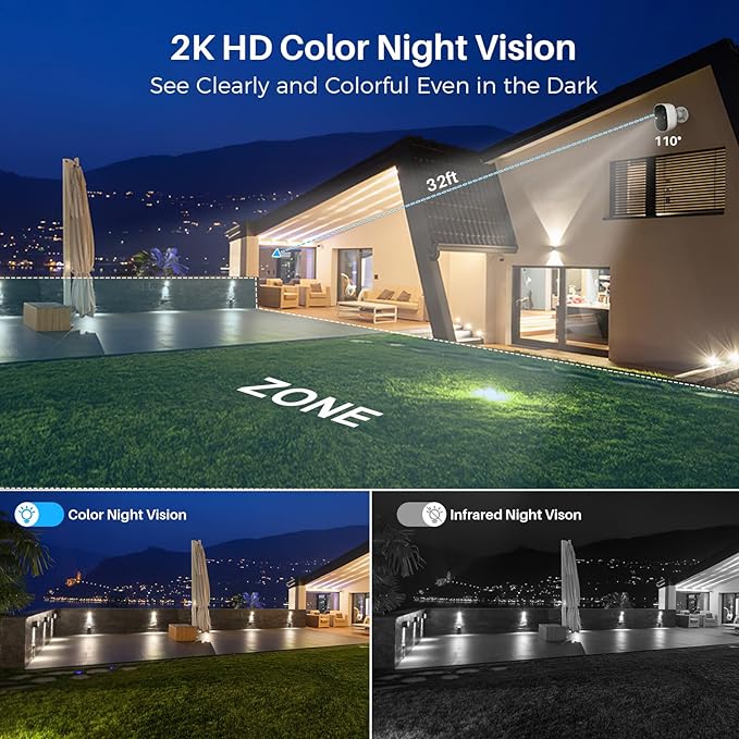 Security Cameras Wireless Outdoor, 2K Battery Powered WiFi Wireless Security Camera Outdoor, AI Motion Detection, Color Night Vision IP66 Weatherproof 2-Way Talk Siren Alarm SD/Cloud Storage, 2 Pack