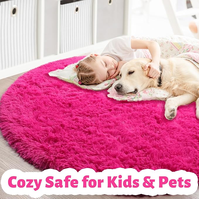 Amdrebio Hot Pink Shaggy Small Round Rug 3Ft - Image 4