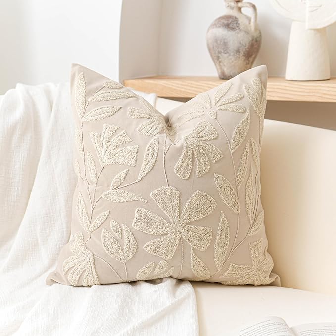 BlissBlush Light Beige Velvet Decorative Throw Pillow Cover 20X20, Neutral Floral Tufted Soft Farmhouse Textured Pillowcase, Accent Pillowcase for Couch Sofa Bed Living Room