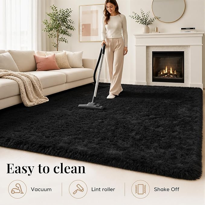 PLHXFR 9x12 Area Rugs Living Room: Fluffy Bedroom Rug Shag Carpet Black | - Image 8