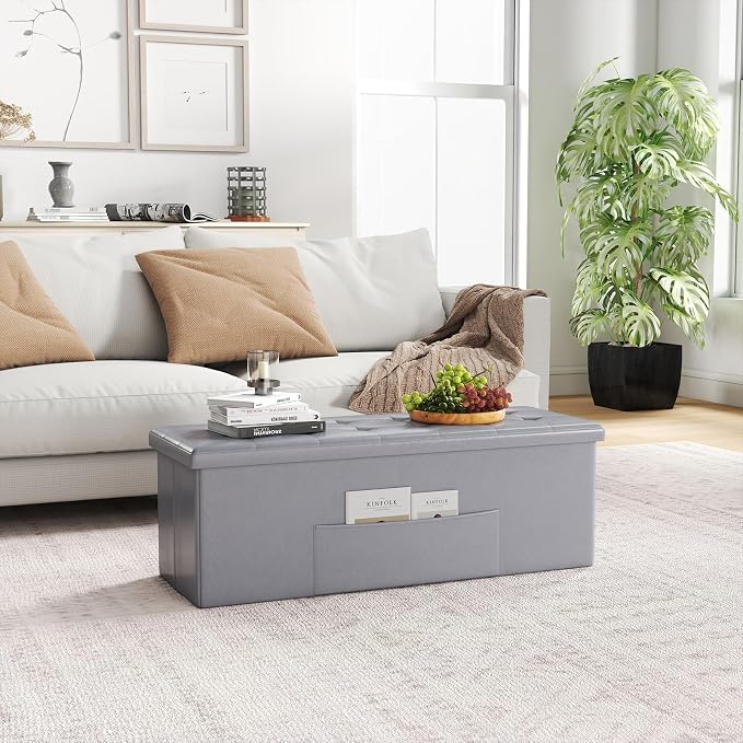 Giantex 43 Inches Folding Storage Ottoman Bench, Upholstered PU Leather Storage - Image 4