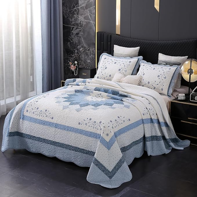 ROOMLIFE Quilt Set King Size 3D Floral Embroidery Pattern 3-Piece Cotton | - Image 8