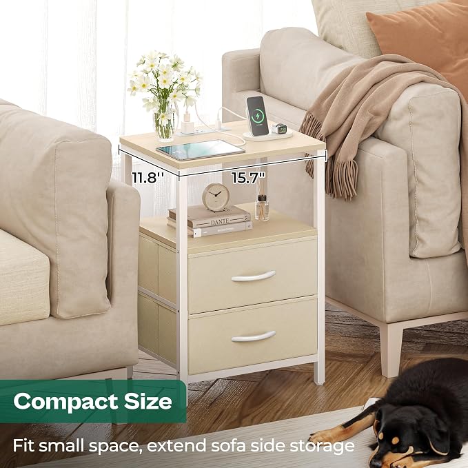 Huuger Nightstand with Charging Station, Side Table with Fabric Drawers | End - Image 6