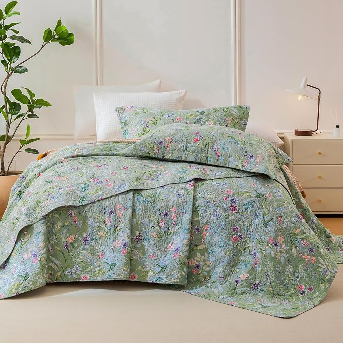QSH 3Pcs Oversized King Bedspread Set, 100% Cotton Green Floral Quilt Bedding - Image 9