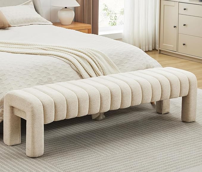 63" Upholstered Bed Bench, Linen Beige | Channel Tufted, Entryway Accent Window - Image 3