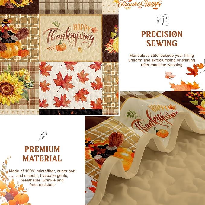 Fall Patchwork Quilt Set Queen, 3 Pieces Thanksgiving Bedding Set Brown | - Image 5