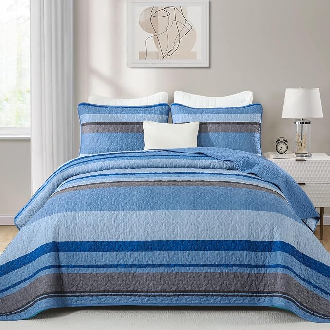 Dobuyly King Size Striped Quilt, Boho Blue Lightweight Bedspread Bedding | - Image 2