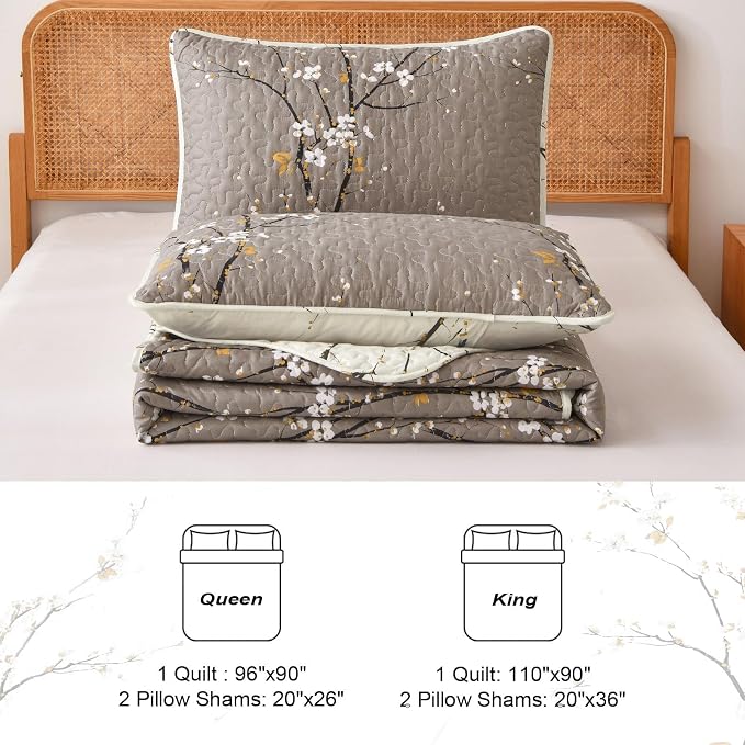 DJY Quilt Set King Size, Branch Botanical Bedspread Coverlet, Tan &Cream | - Image 7