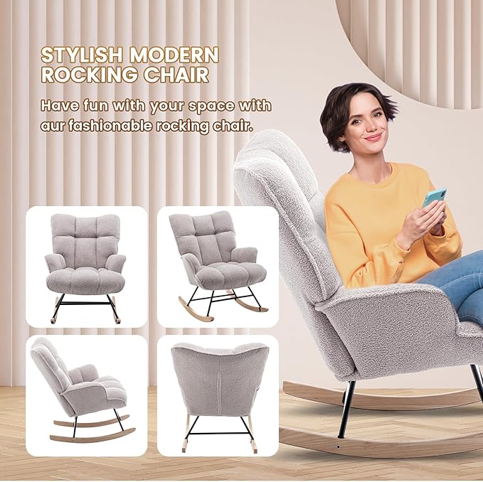 Rocking Chair Nursery Teddy Upholstered Glider Rocker Rocking Accent Chair Padded Seat with High Backrest Armchair Comfy Side Chair for Living Room Bedroom Offices (Grey Teddy)