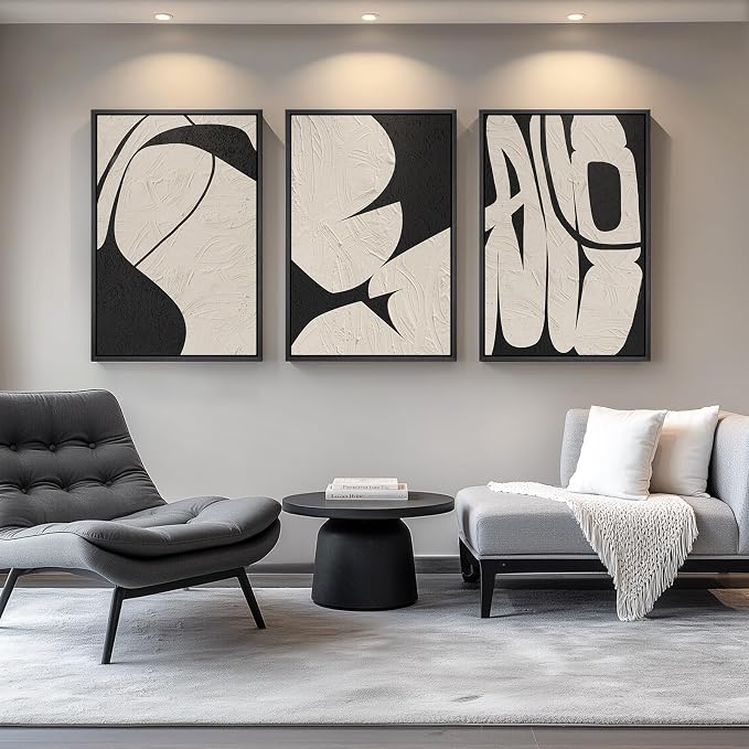 Large Framed Neutral Abstract Wall Art, 3 Piece Black and Beige, 24x36 In | - Image 4