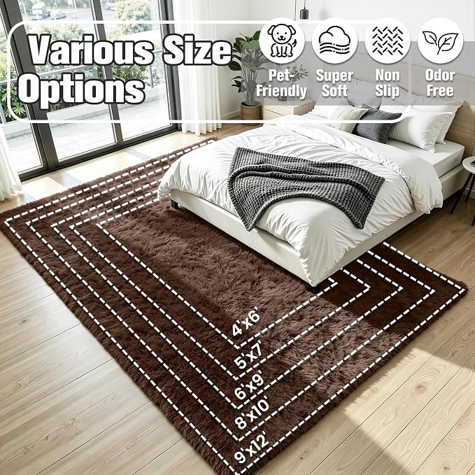 9x12 Fluffy Area Rug for Living Room: Soft Non-Slip Brown Bedroom Carpet | - Image 8