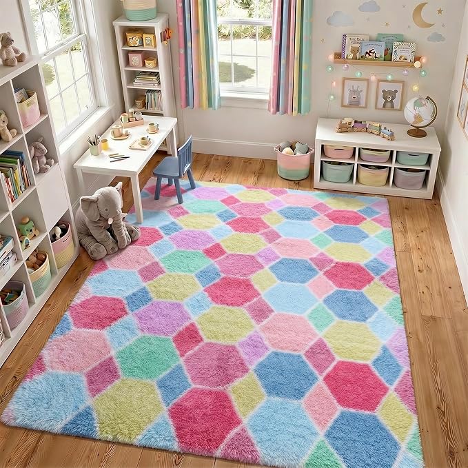 Checkered 6x9 Area Rugs for Living Room, Fluffy Pink Rainbow Colorful Rug for - Image 6