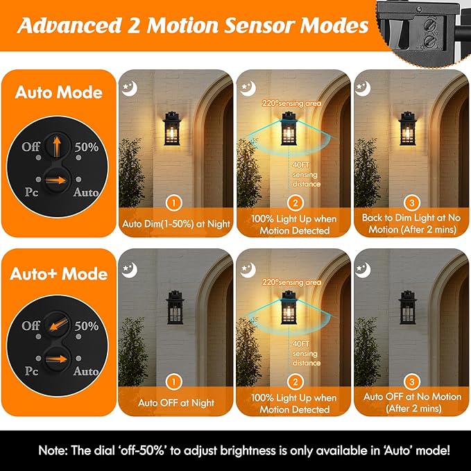 2-Pack Porch Lights with GFCI Outlet, Motion Sensor Dusk to Dawn Waterproof Outdoor Wall Lights, 3 Lighting Modes Black Exterior Light Fixtures for Front Door, Outside Wall Lanterns for House Garage