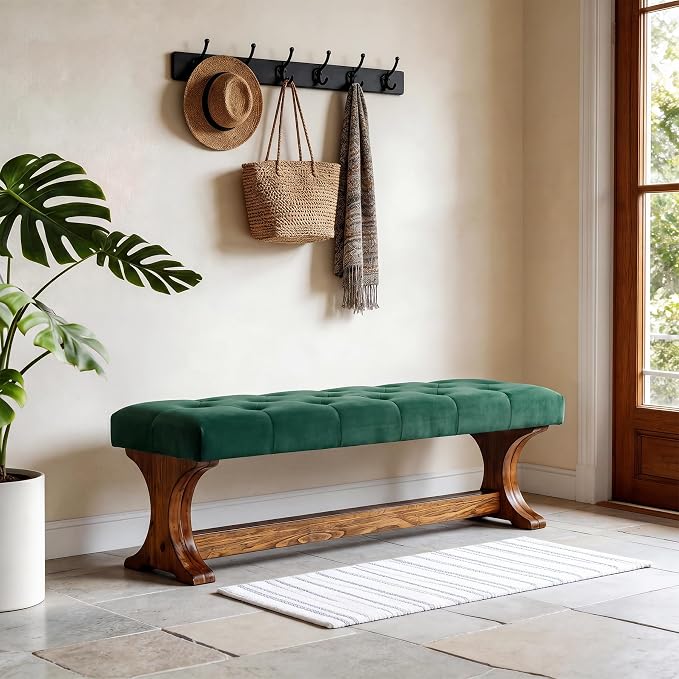 LITTLE TREE 55" Upholstered End of Bed Bench, Solid Wood Tufted Entryway Bench - Image 3