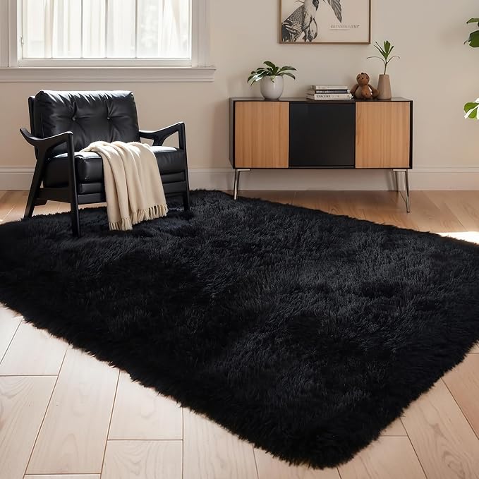 5x7 Thick Black Shag Rug for Bedroom, Soft Plush Fluffy Carpet | Area Rug for by KICHOWUA