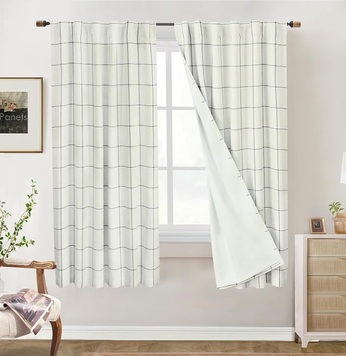 DriftAway 100% Blackout Plaid Linen Curtains 63 Inches Long 2 Panels Black | by DriftAway