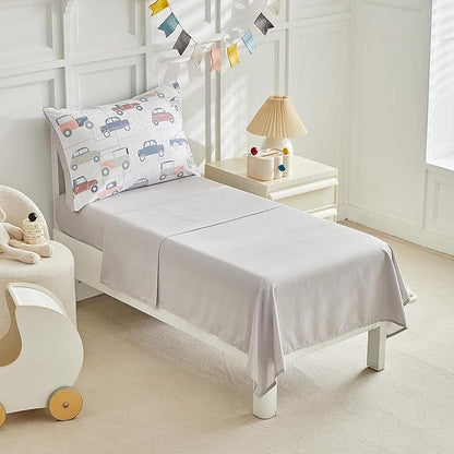 JHXHMX Car Toddler Bedding Set for Boys,4 Piece Bed-in-a-Bag Toddler Comforter Set,Soft Crib Bed Set Including Comforter,Flat Sheet,Fitted Sheet and Pillowcase-Gray