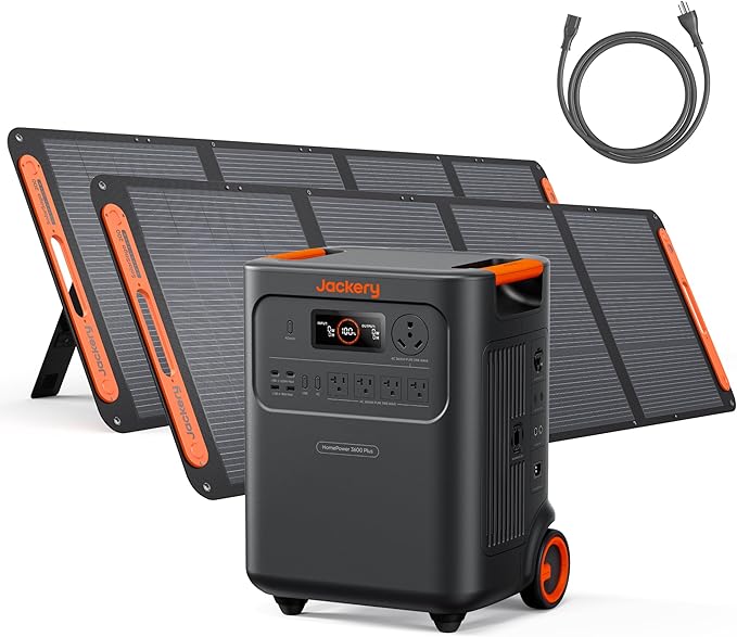 Jackery HomePower 3600 Plus Portable Power Station with 2x 200W Solar Panels, 3600W AC Output, 3584Wh LFP Solar Generator, Expandable up to 21kWh, Essential Home Backup for Home Use, Emergencies, RV