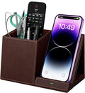 Desk Supplies Organizer, Multi-Functional Pencil Pen Holder with Wireless Charger, Desktop Stationery Organizer, Home Office Supply Storage Box Caddy (Brown)