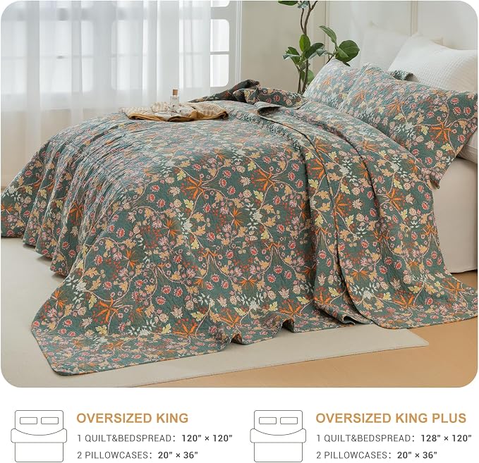 QSH 100% Cotton Oversized King Bedspread Set-3Pcs Floral Quilt Coverlet - Image 5