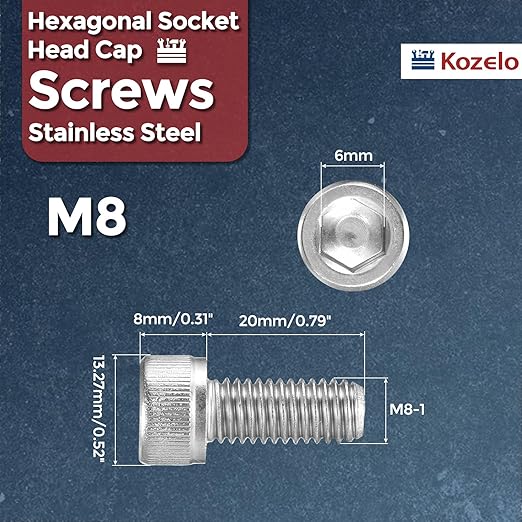 Kozelo 10pcs Socket Head Cap Screws - [M8-1 x 20mm] 304 Stainless Steel Allen Socket Drive for Electrical Motor 3D Printing Fan Engine Replacement Use, Silver