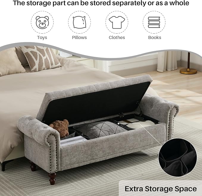 SOFTHION 58.1" Storage Bench for Bedroom, Chenille Upholstered, Light Grey | - Image 3