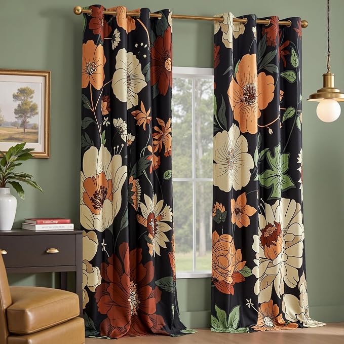 jinchan Black Boho Floral Blackout Curtains 102 Inch Grommet 2 Panels | Room - Image 2