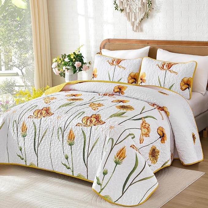 WONGS BEDDING Yellow Quilt Set Queen Size, Colorful Floral Quilt Set - Image 2