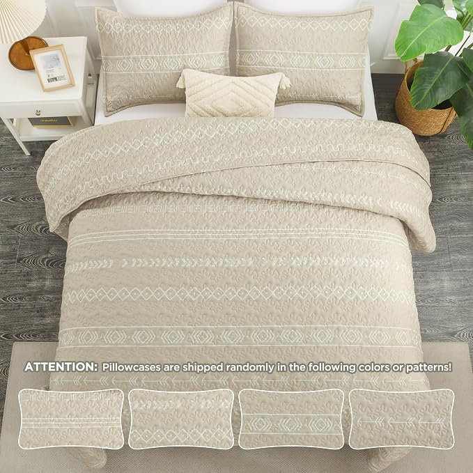 Beige King Size Quilt Set, 3 Pieces Boho Striped Bedspread | Soft Lightweight - Image 7