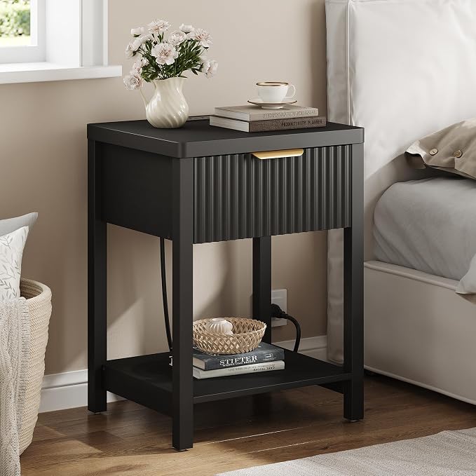 Night Stand Set 2, Fluted Wood Nightstands w/Charging Station - Image 7