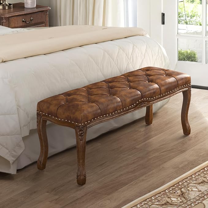 Bedroom Bench, French Vintage Tufted Leather Bench, 45.2" Carving Upholstered - Image 2
