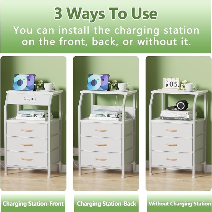 White Nightstand with Charging Station, 3 Drawers Bedside Table | 28.3 Inch - Image 6