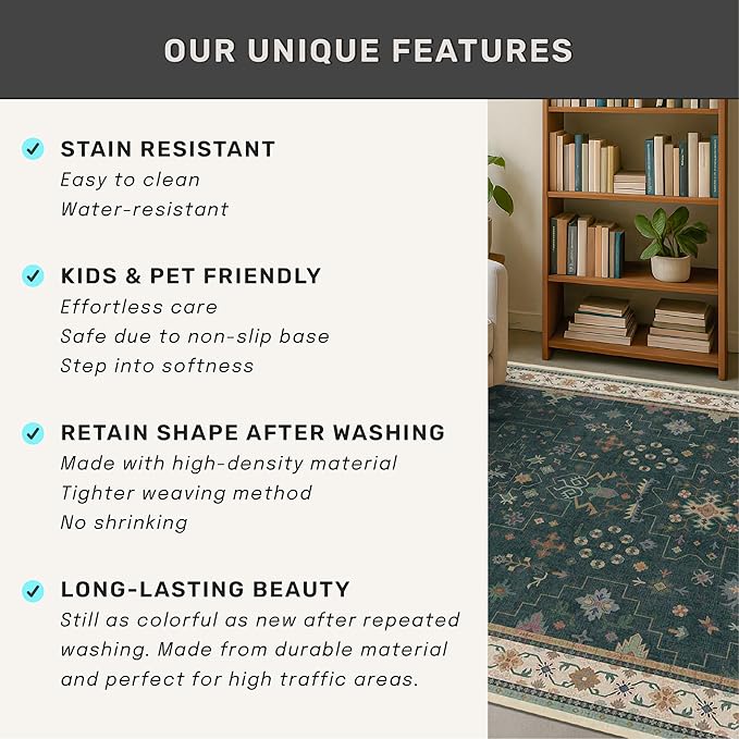 Dark Green Vintage 8x10 Washable Rugs - Image 7