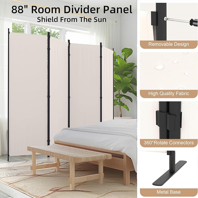 Room Divider 4 Panel Partition Room Dividers & Folding Privacy Screens w/ 3 - Image 3
