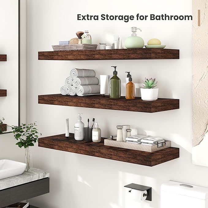 Heimlove 12 Inch Deep Floating Shelves, 12 x 12 inches Long Wall Shelf, Large Extra Display Shelf & Storage Shelf, Rustic Wood Wall Shelves for Fireplace Mantel, Brown - 2Pack