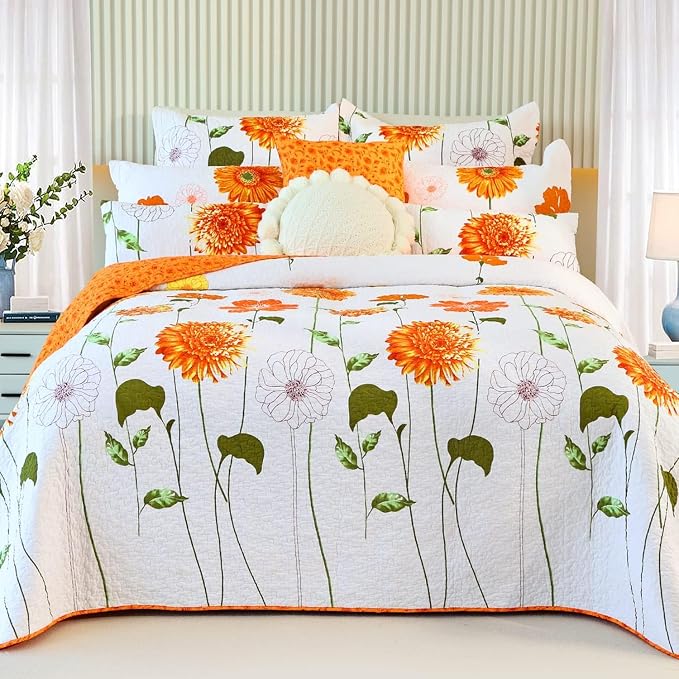 EVENHUG 100% Cotton Quilt King Size Orange Sunflower Bedding Set Floral by EVENHUG