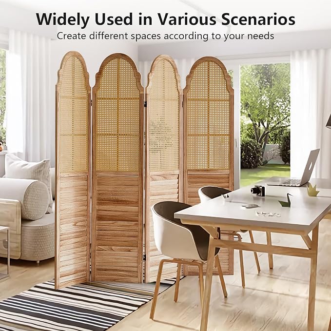 4 Panels Room Divider Wall, Rustic Rattan Room Divider, Wood Folding Privacy - Image 5