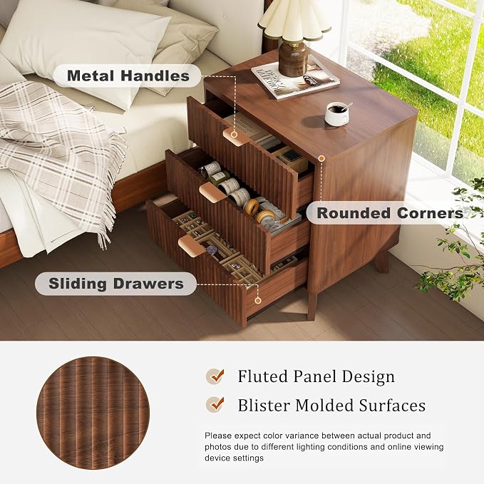 LYNCOHOME Fluted Nightstand Set of 2, Wood Bedside Table - Image 4