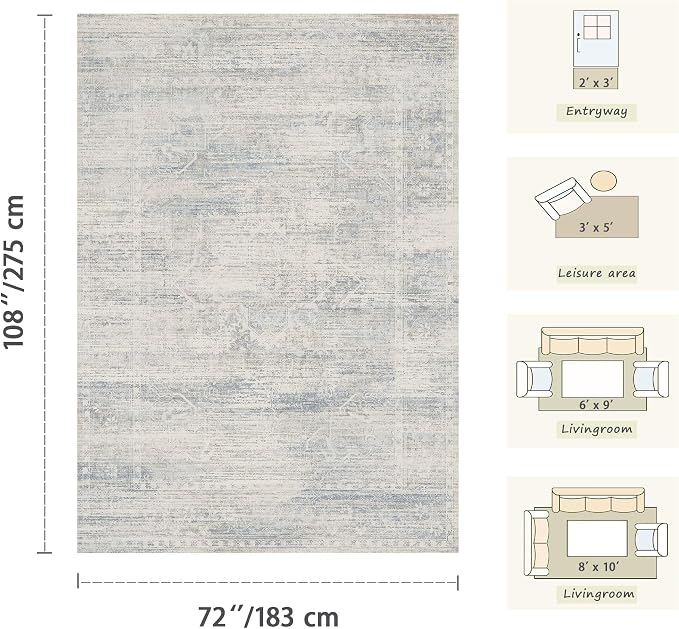 Latte&Fog Vintage Blue Rugs for Living Room, Washable Vintage 6x9 Area Rugs | - Image 2
