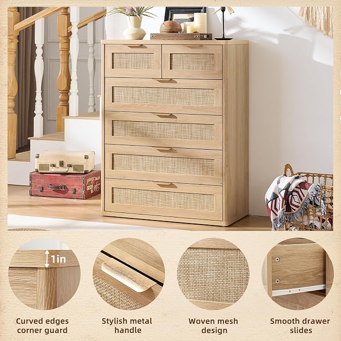 LEYAOYAO Rattan Dresser for Bedroom Set 2, Oak Modern 6 Drawers Boho Dressers - Image 8