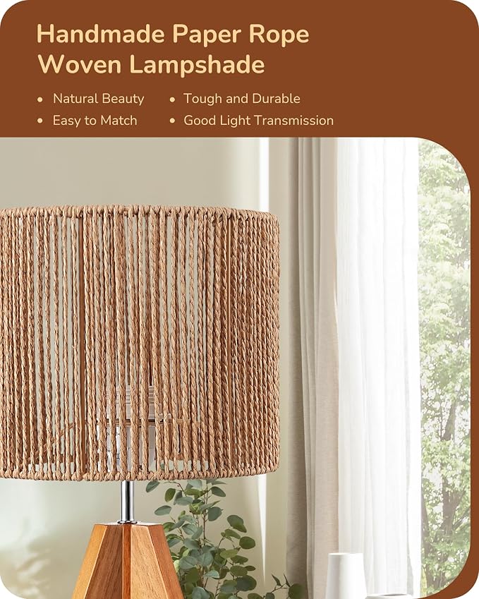 EDISHINE Small Rattan Table Lamp, Wood Tripod Bedside Lamp, E26 Base | Natural - Image 2