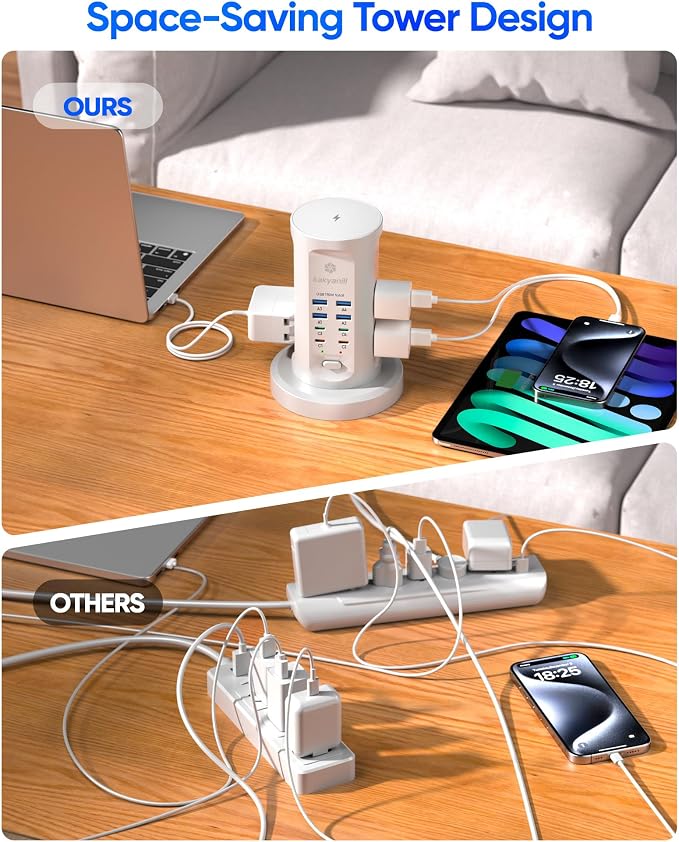 Power Strip Tower, kakyanill PD 65W Charging Station 9 AC Outlets 8 USB | 6 Ft - Image 4