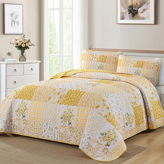 Mybedsoul Patchwork Quilt King Size, Soft Yellow Boho Floral King Bedspreads - Image 2