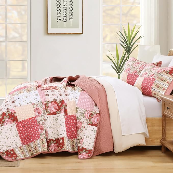 Anibedding Floral Patchwork Quilt Set Queen Size, Soft Lighweight Farmhouse - Image 4