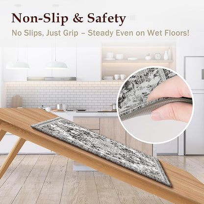 Boho Kitchen Mats for Floor 2 Piece Set Anti Fatigue Cushioned PVC Kitchen Rugs Non Slip Waterproof Farmhouse Mats 2/5 Inch Comfort Standing Mat for Sink, Laundry, Office, 17.3"x47"+17.3"x28", Grey