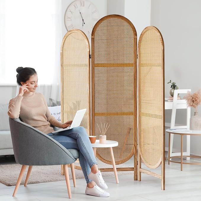 3 Panel Rattan Room Divider Screen, Boho Folding Privacy Screen | Decorative by Aletheiawu