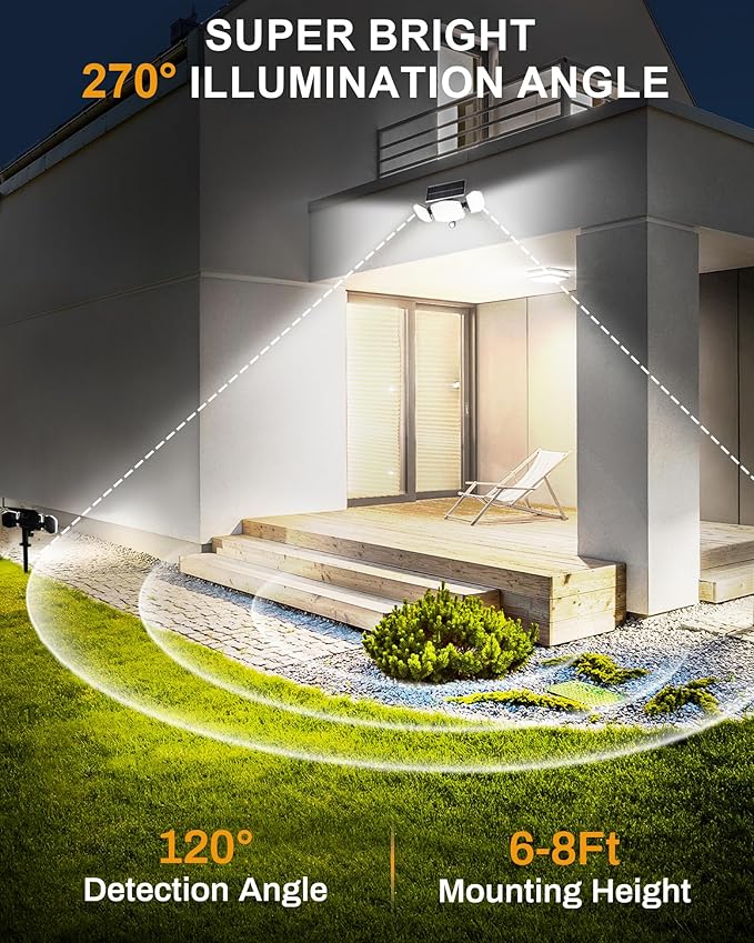 HAARAY Solar Motion Lights Outdoor with Stake, 208 LED 270° Illumination Security Flood Lights for Yrad Garden Pathway, 3 Modes, IP65 Waterproof, In-Ground or Wall Mount