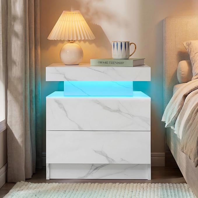 LED Nightstand with Wood 2 Drawers Modern Bedside Table - Image 3
